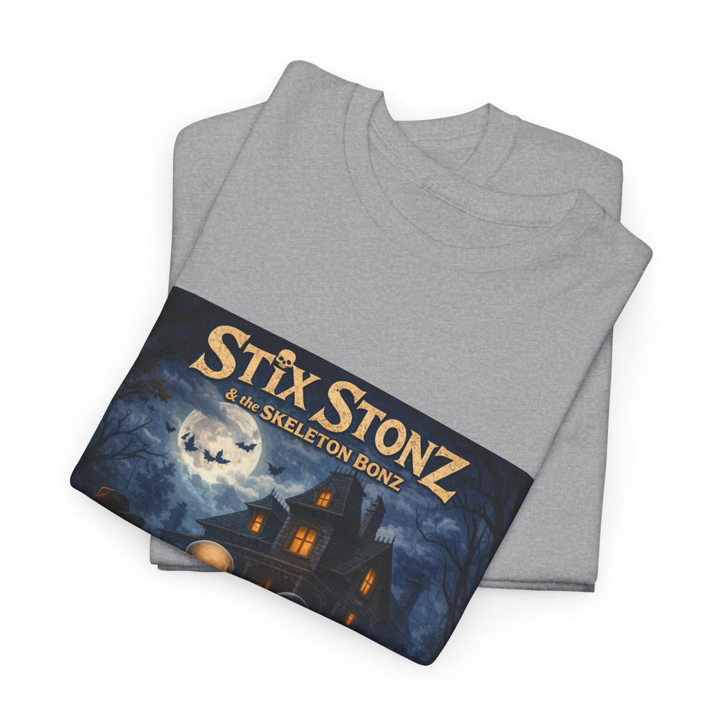 Halloween Haunted House Band Tee — "Stix Stonz" Skull Guitarists Concert Shirt