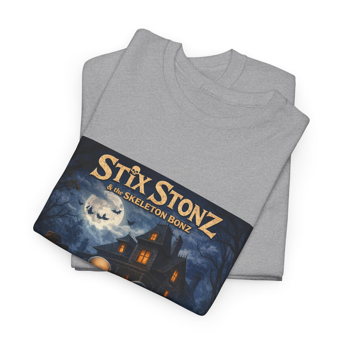 Halloween Haunted House Band Tee — "Stix Stonz" Skull Guitarists Concert Shirt