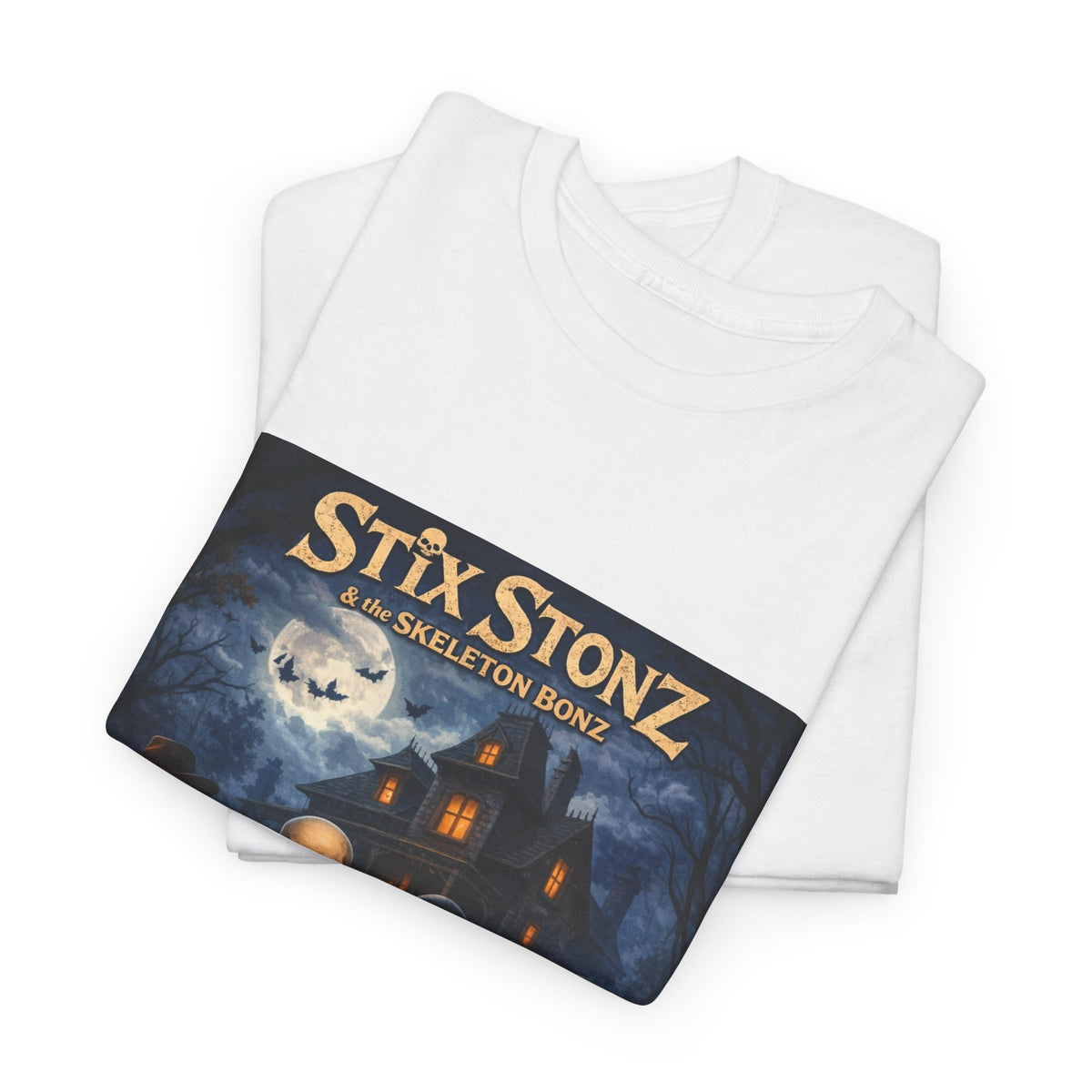 Halloween Haunted House Band Tee — "Stix Stonz" Skull Guitarists Concert Shirt