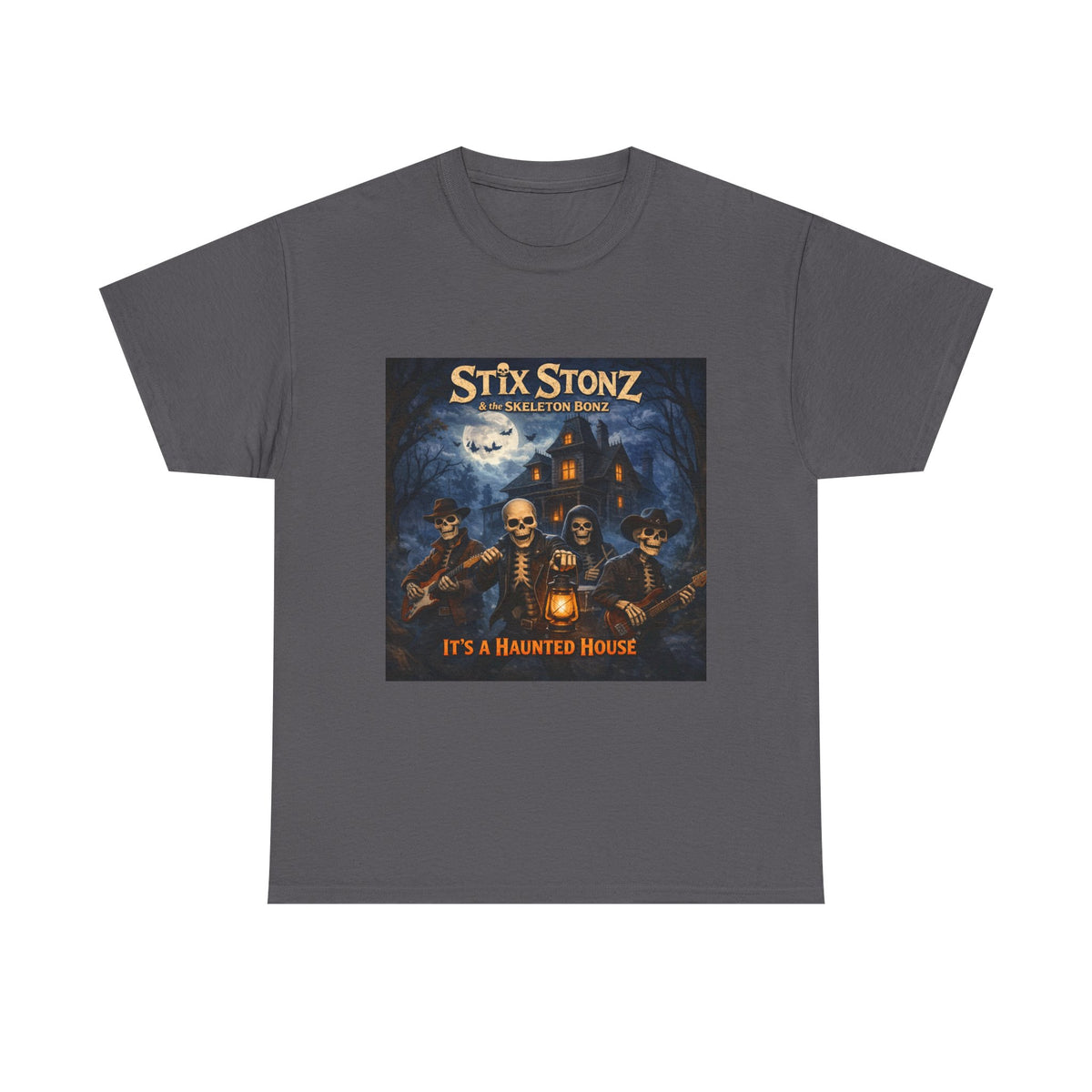 Halloween Haunted House Band Tee — "Stix Stonz" Skull Guitarists Concert Shirt