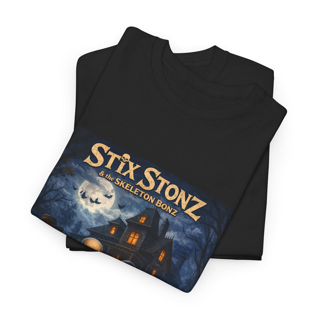 Halloween Haunted House Band Tee — "Stix Stonz" Skull Guitarists Concert Shirt