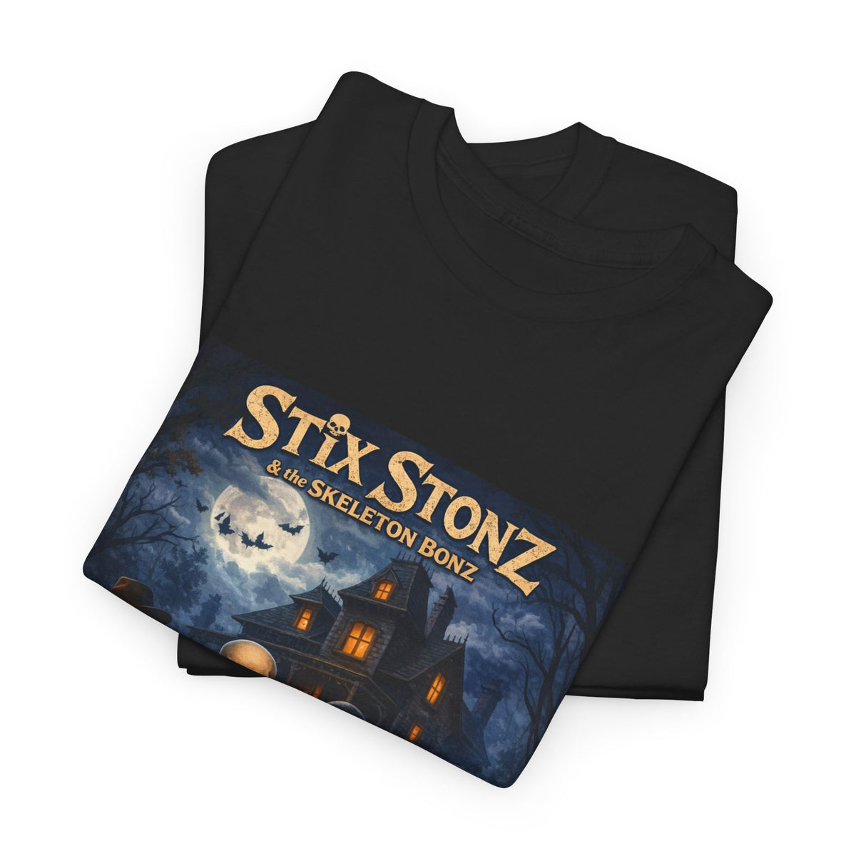 Halloween Haunted House Band Tee — "Stix Stonz" Skull Guitarists Concert Shirt