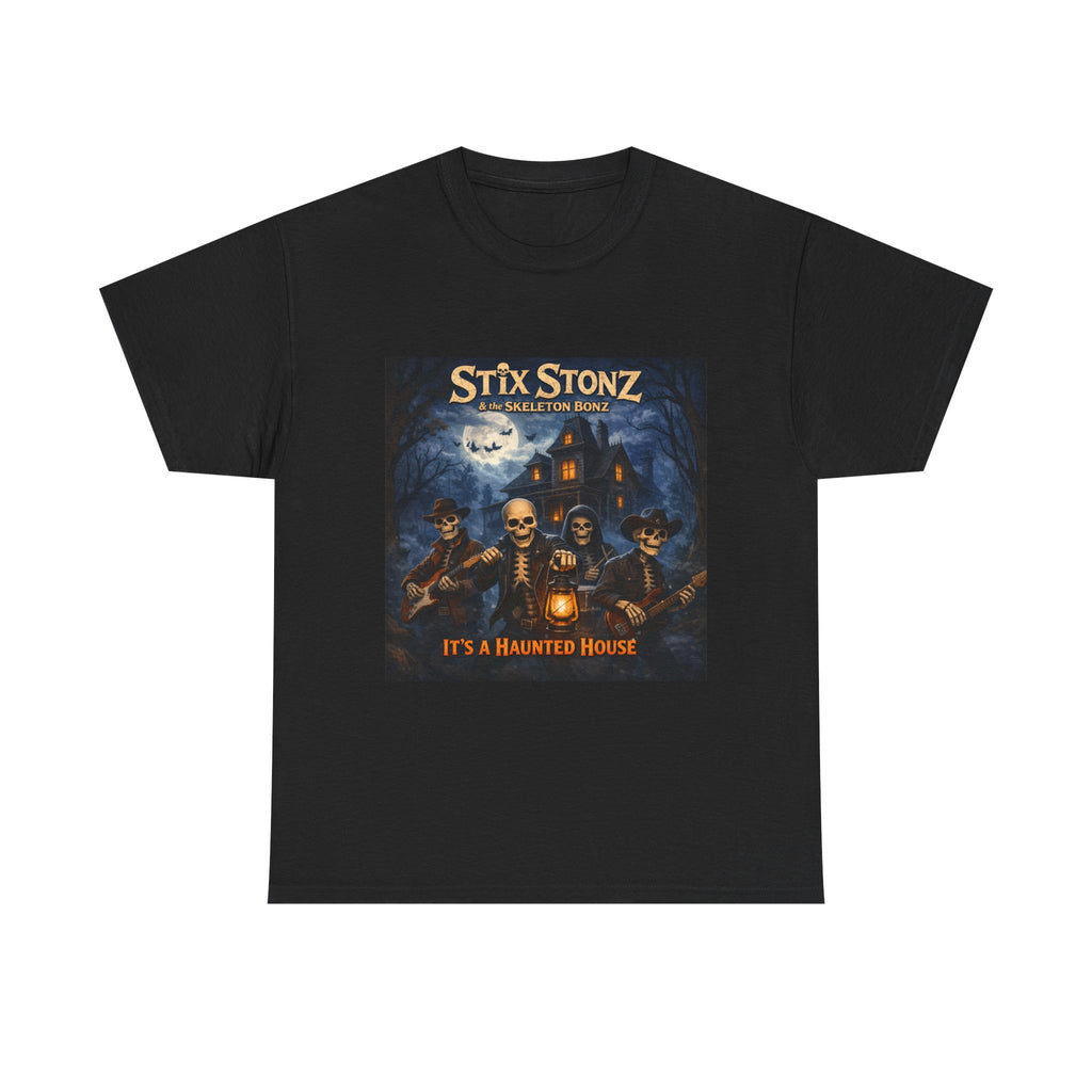 Halloween Haunted House Band Tee — "Stix Stonz" Skull Guitarists Concert Shirt