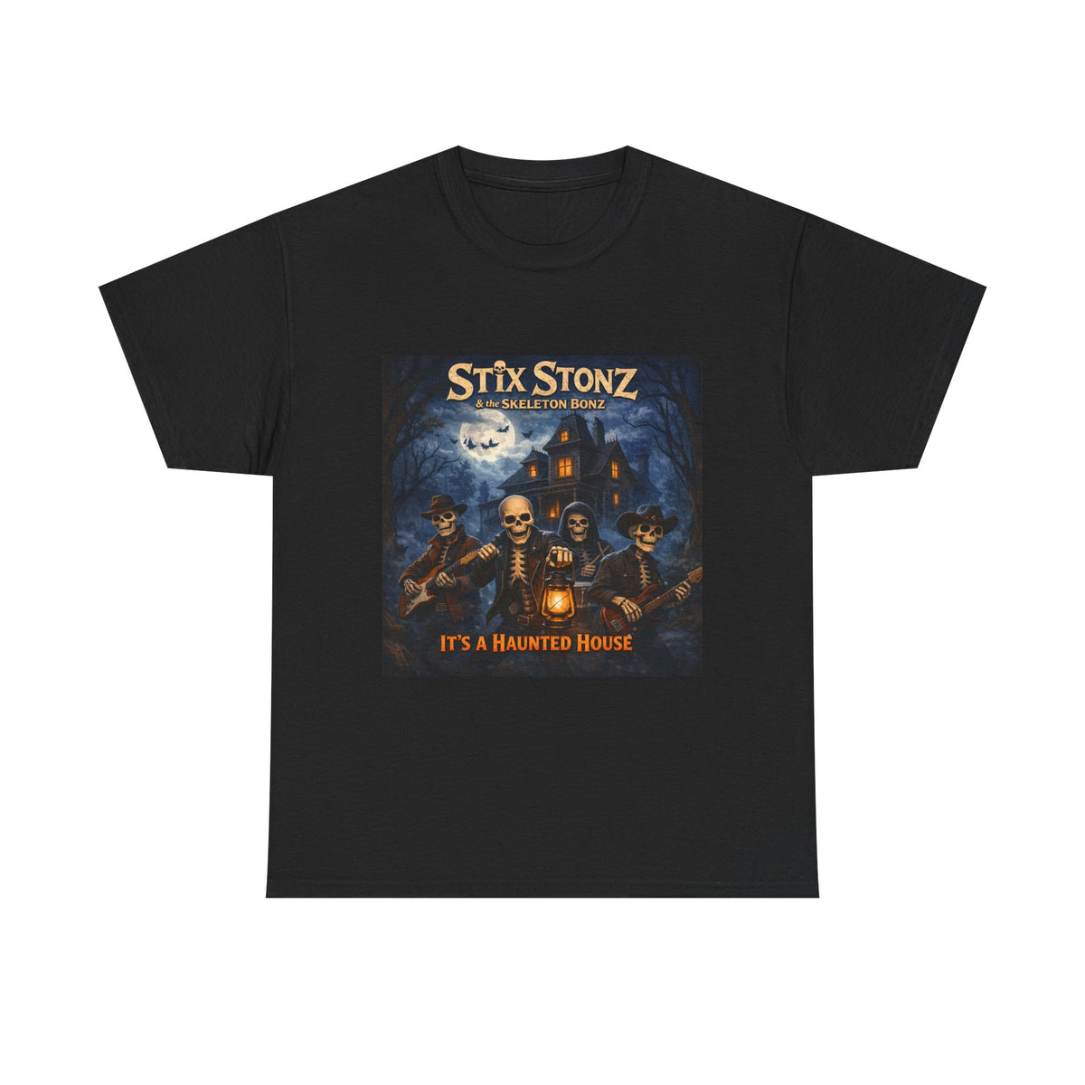 Halloween Haunted House Band Tee — "Stix Stonz" Skull Guitarists Concert Shirt