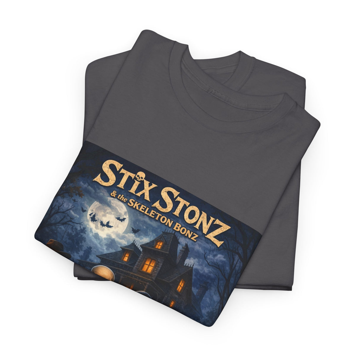 Halloween Haunted House Band Tee — "Stix Stonz" Skull Guitarists Concert Shirt