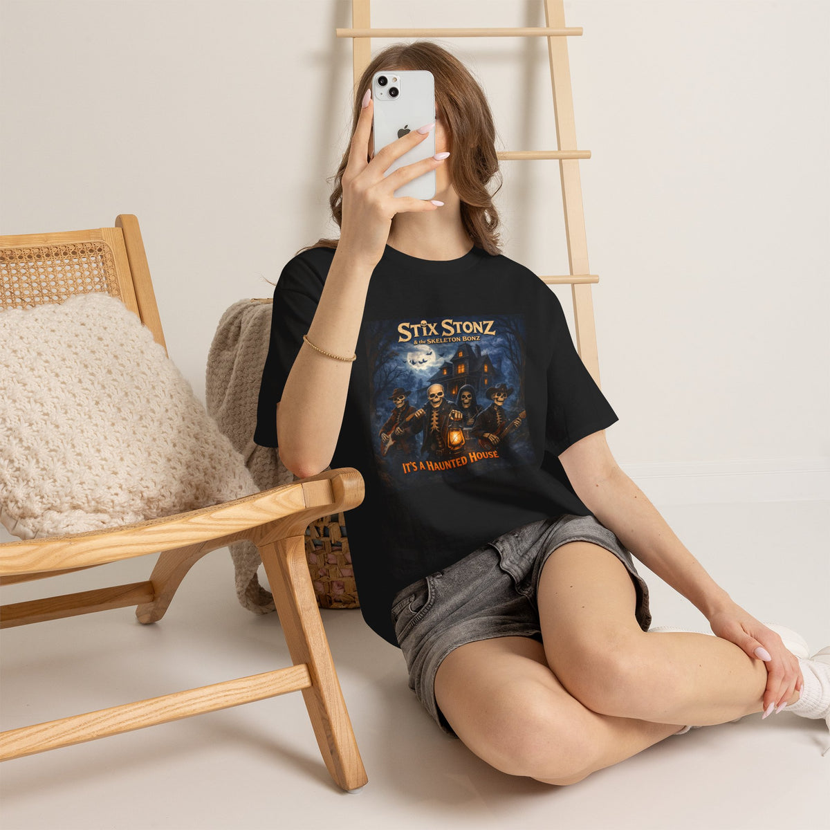 Halloween Haunted House Band Tee — "Stix Stonz" Skull Guitarists Concert Shirt