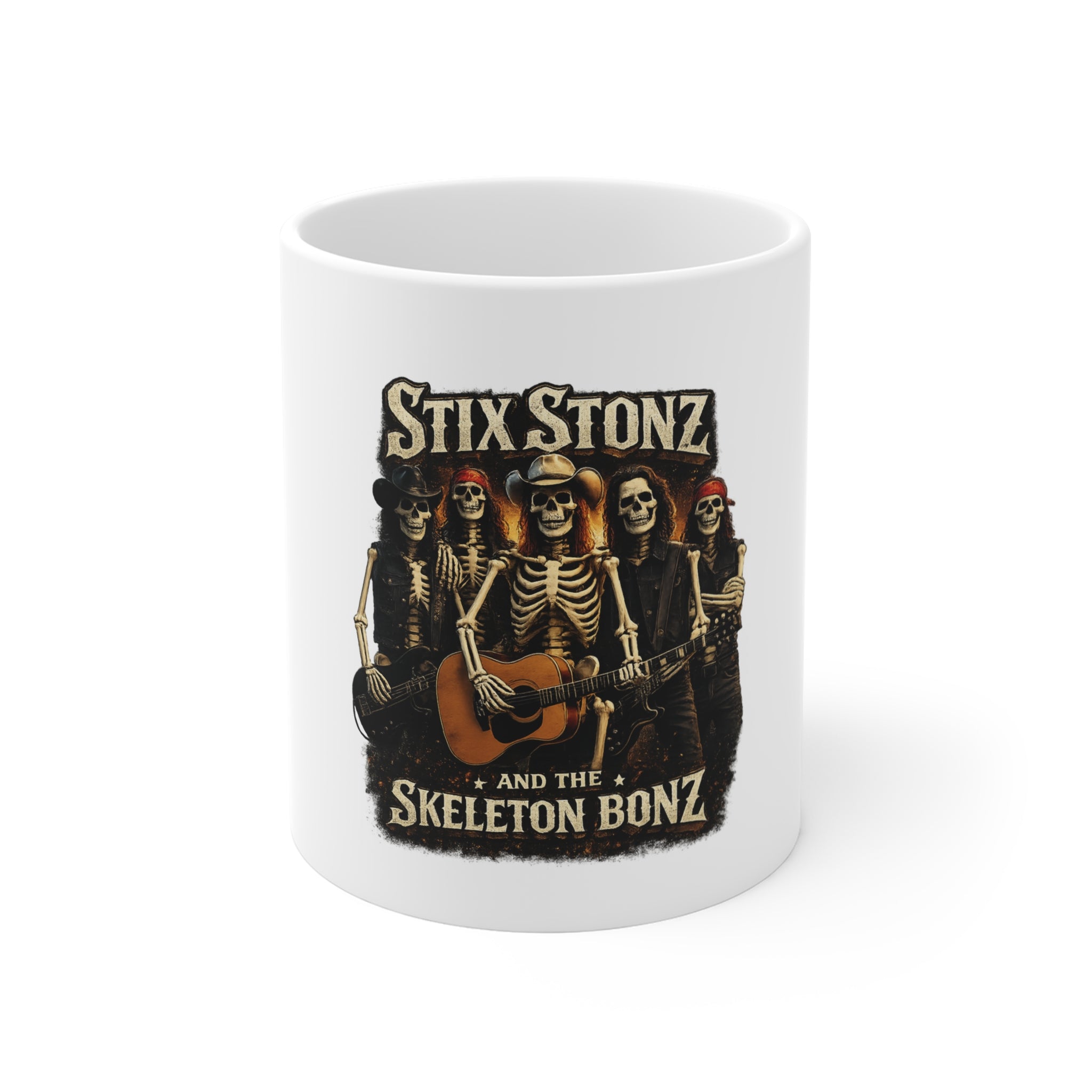 Stix Stonz & the Skeleton Bonz Band Photo Mug — Happy Spooky Rock & Roll 11oz