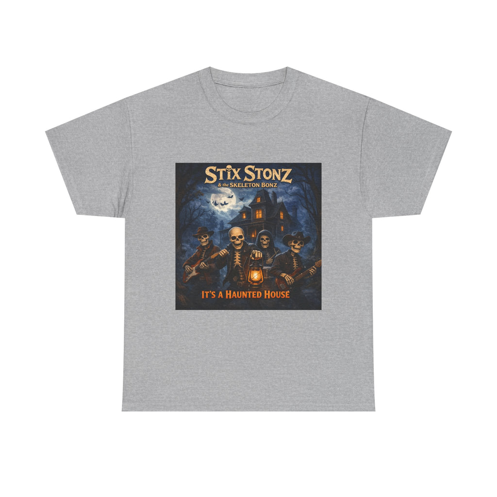 Halloween Haunted House Band Tee — "Stix Stonz" Skull Guitarists Concert Shirt
