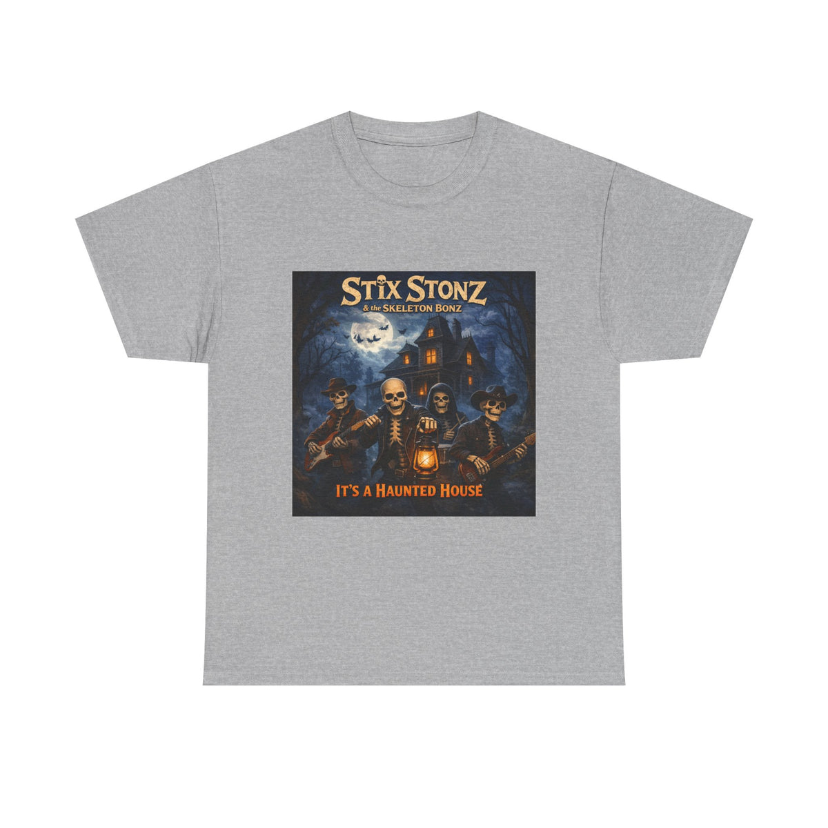 Halloween Haunted House Band Tee — "Stix Stonz" Skull Guitarists Concert Shirt
