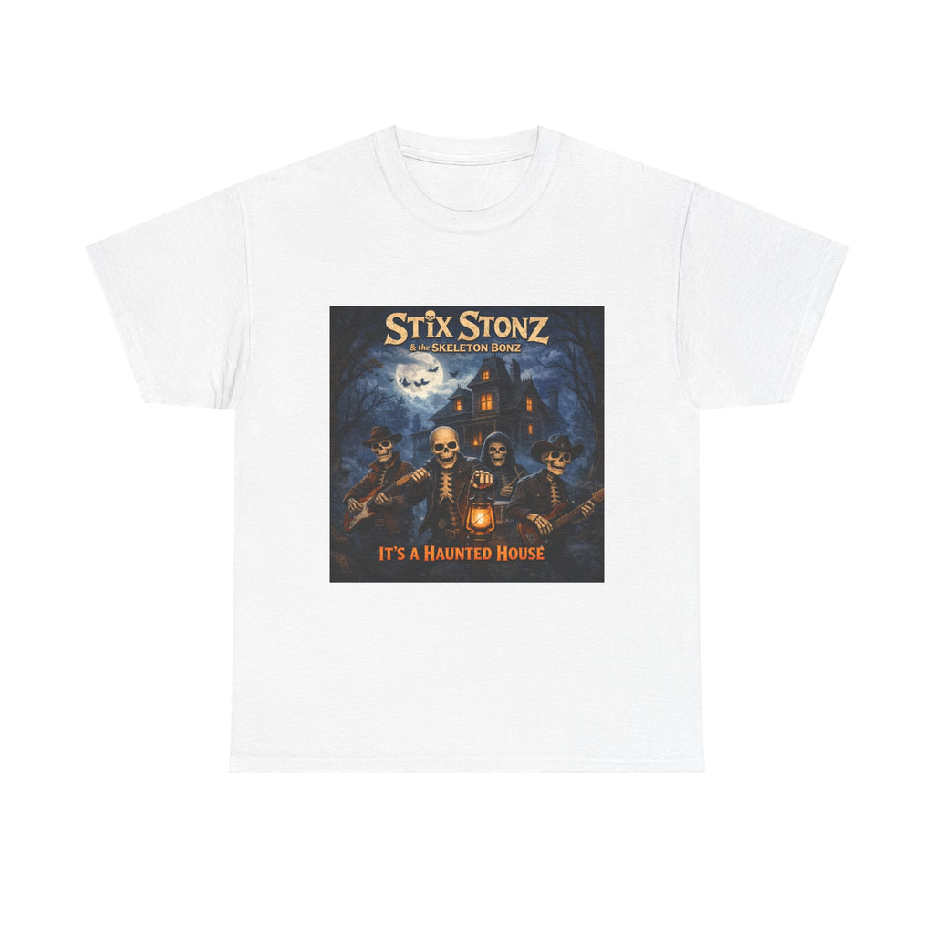Halloween Haunted House Band Tee — "Stix Stonz" Skull Guitarists Concert Shirt