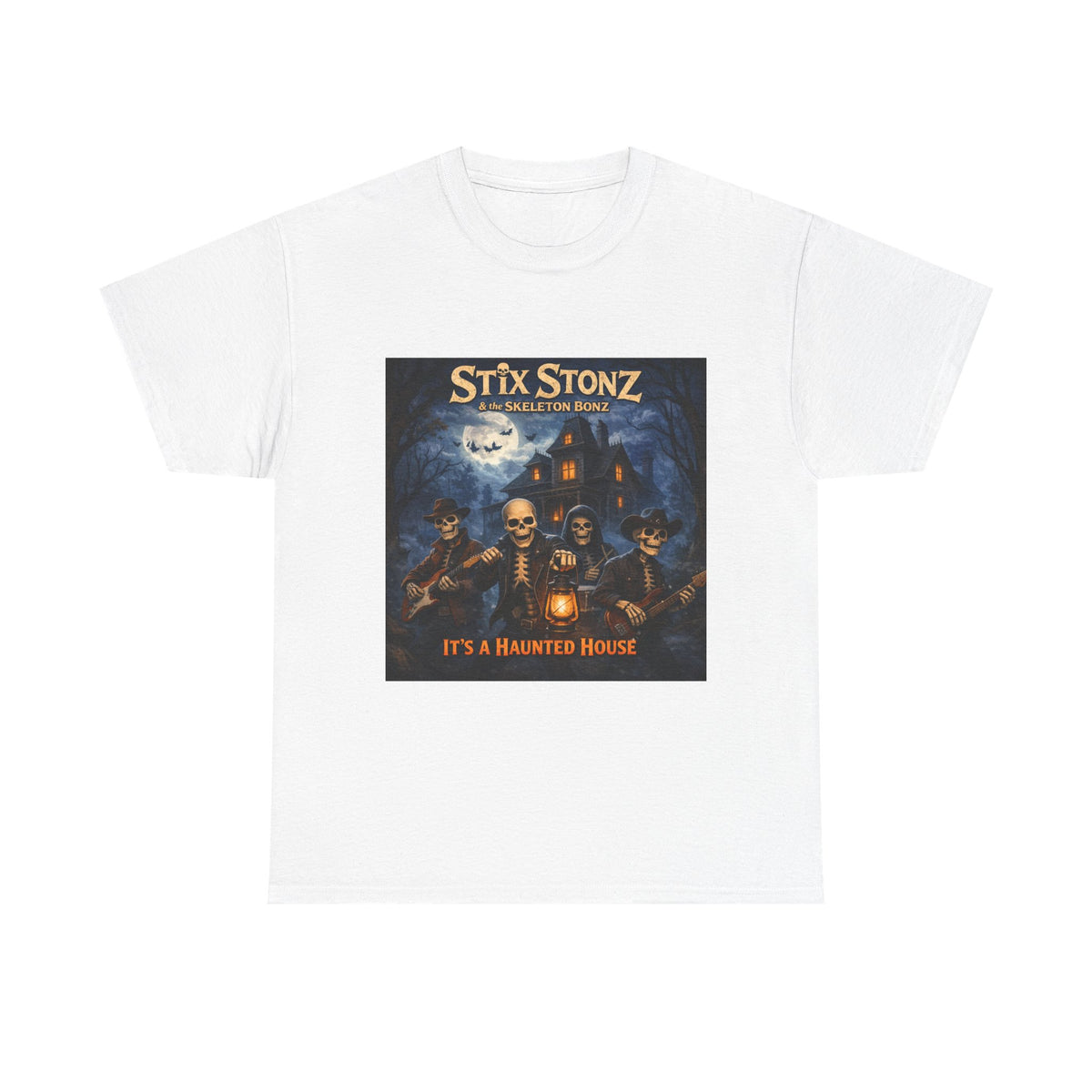 Halloween Haunted House Band Tee — "Stix Stonz" Skull Guitarists Concert Shirt